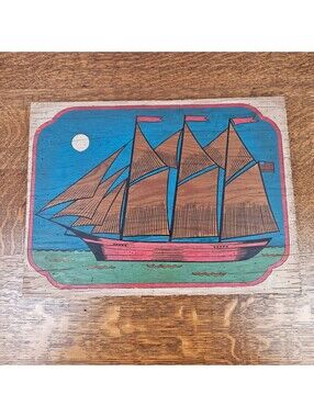 Vintage Folk Art Tall Ship Painted Wood Panel Nautical Wall Hanging 16x12